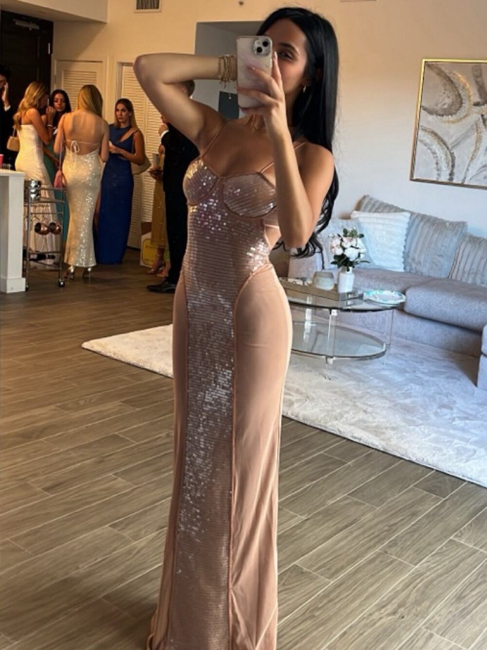 House of CB Bonita Cafe Au Lait Sequin Maxi Dress S